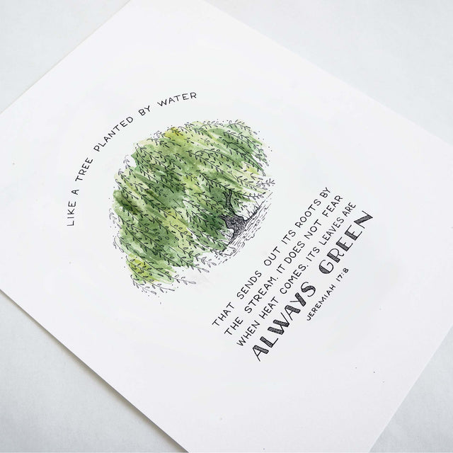 Angle shot of Tree Planted by Water - Jeremiah 17:8 Scripture Art Print