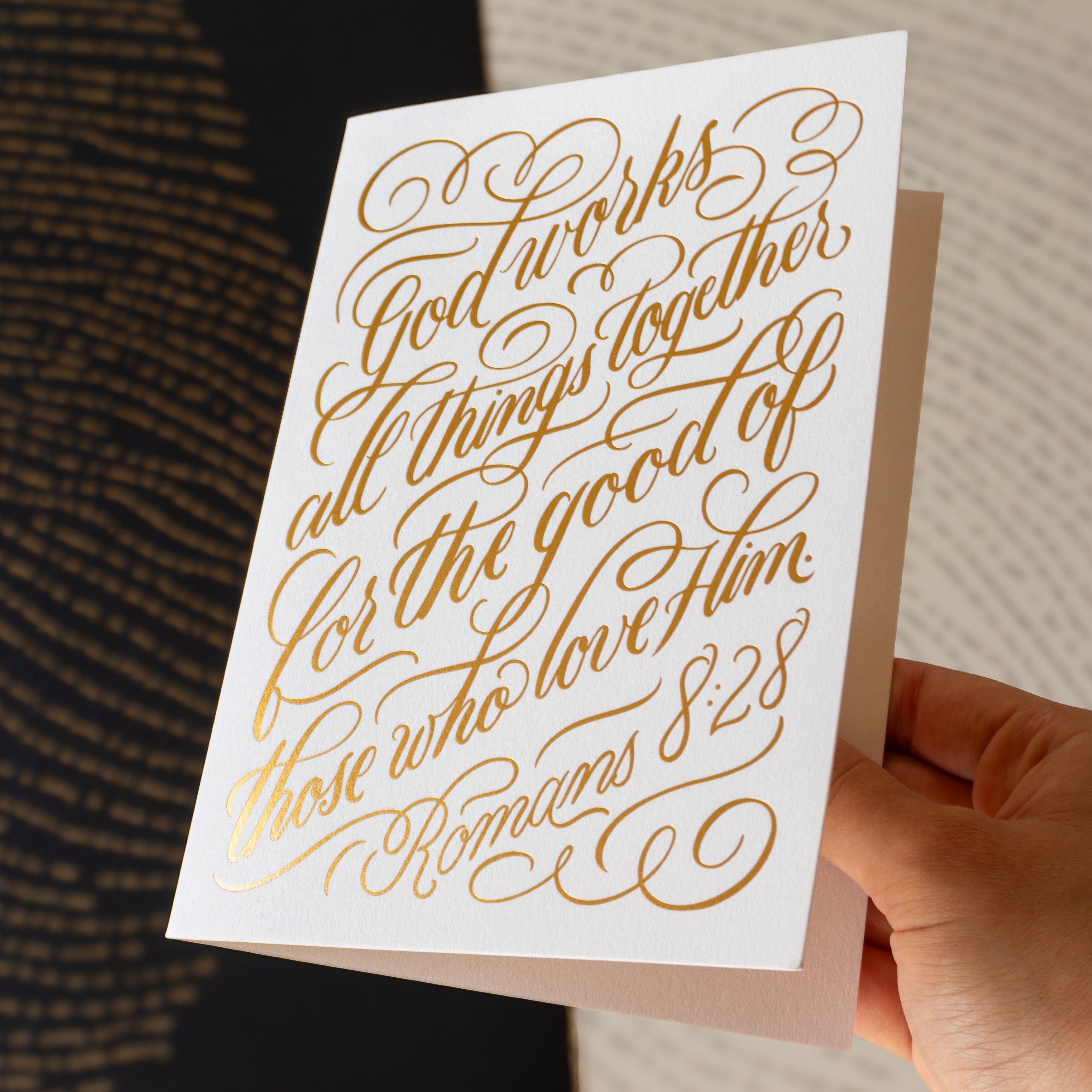 Gold Foil 5x7 Card (Romans 8:28)