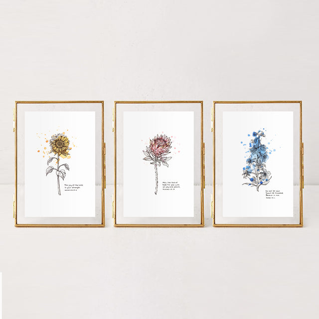 Framed Scripture Art Triptych - Wildflower Series - Romans 15:13, Nehemiah 8:10, John 14:1
