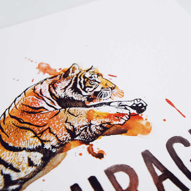 Courage - Joshua 1:9 Bible Art Print with Tiger Watercolor Illustration