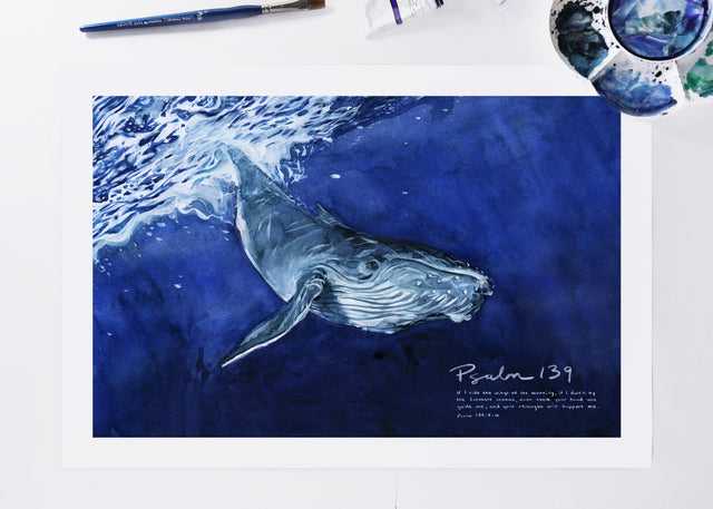 Psalm 139 - Whale watercolor painting art print