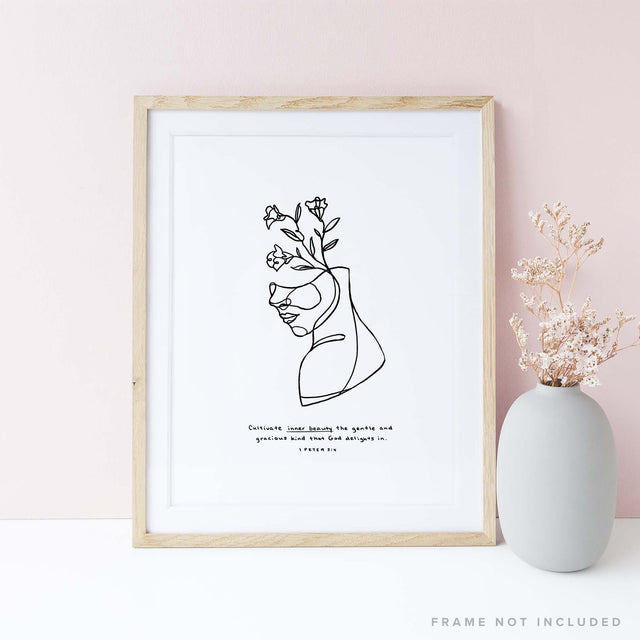 Wood Framed Scripture Art Print of "Cultivate inner beauty, the gentle and gracious kind that God delights in." - 1 Peter 3:4