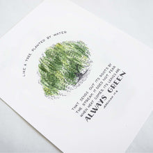 Angle shot of Tree Planted by Water - Jeremiah 17:8 Scripture Art Print